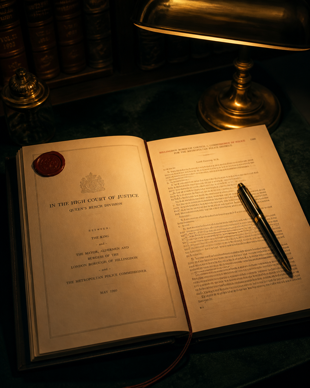A wax-sealed legal folio opened under a warm brass reading lamp